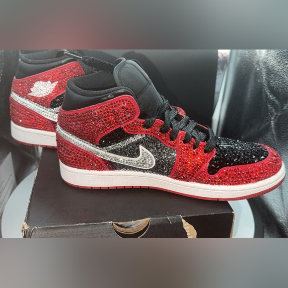 Red and Black Crystal Rhinestone Air Jordan 1 Mid - Picture 1 of 5